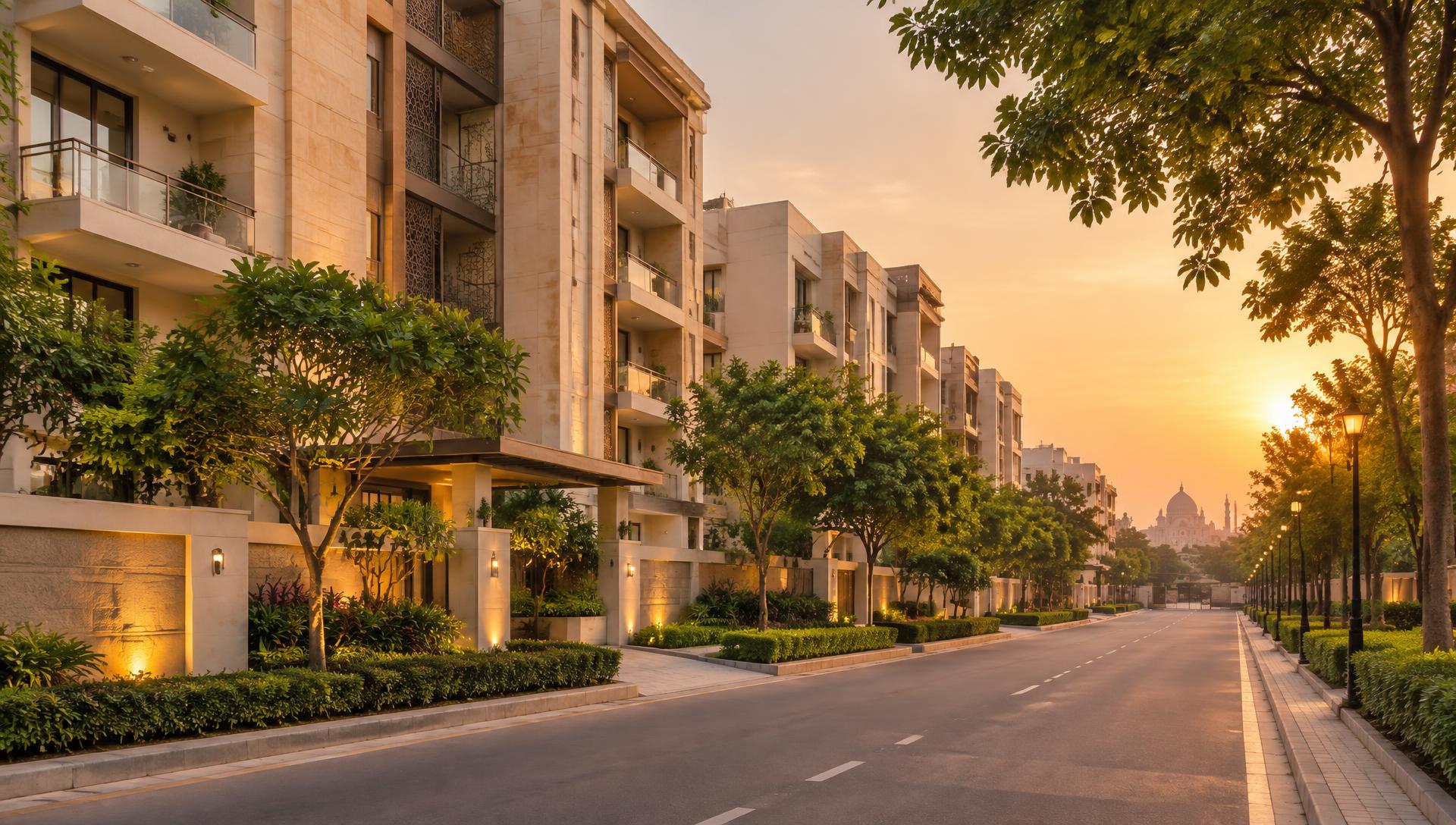 Tree-lined street of modern apartment buildings in Lucknow at golden hour